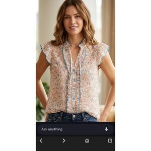 Vintage Pretty Good Women Floral Ruffle Flutter Sleeve Button Front Blouse